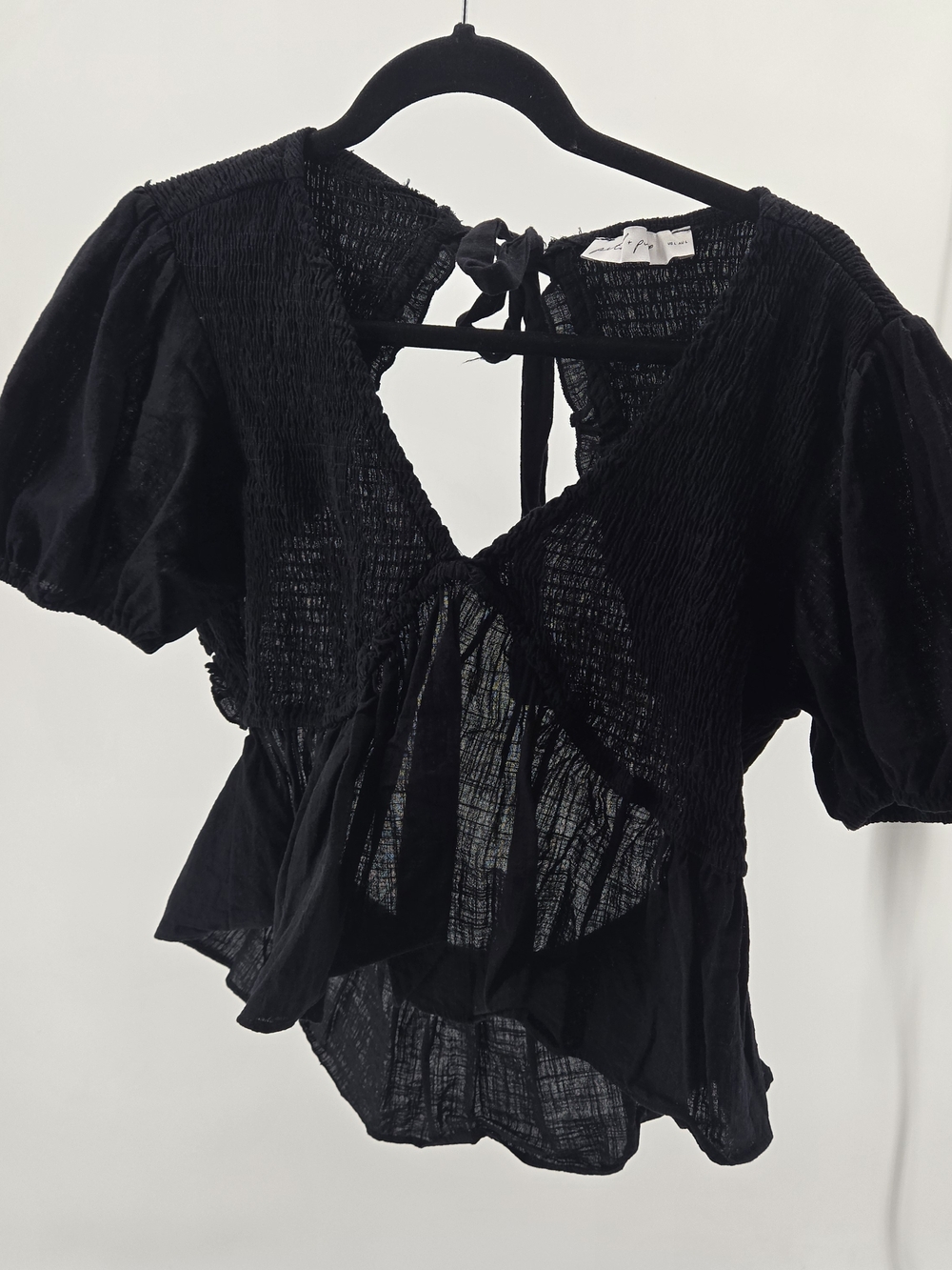 Petal & Pup | Tamara Smocked Open Back Peplum Puff Sleeve Blouse Black